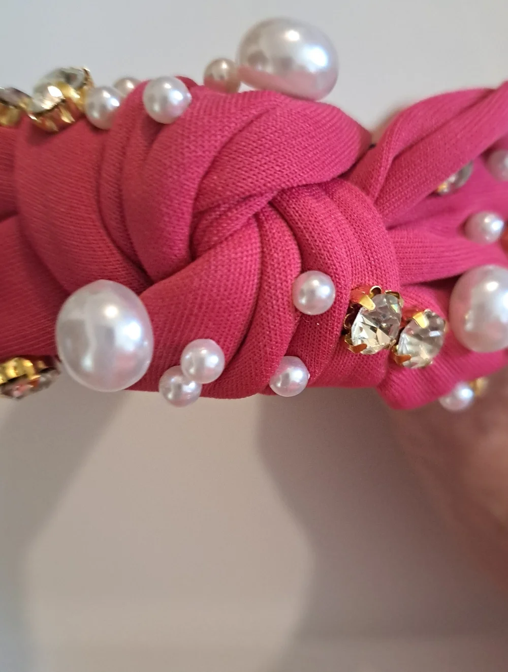 Rose Pink Faux Pearl & Rhinestone Knotted Headband - Wide, Solid Color